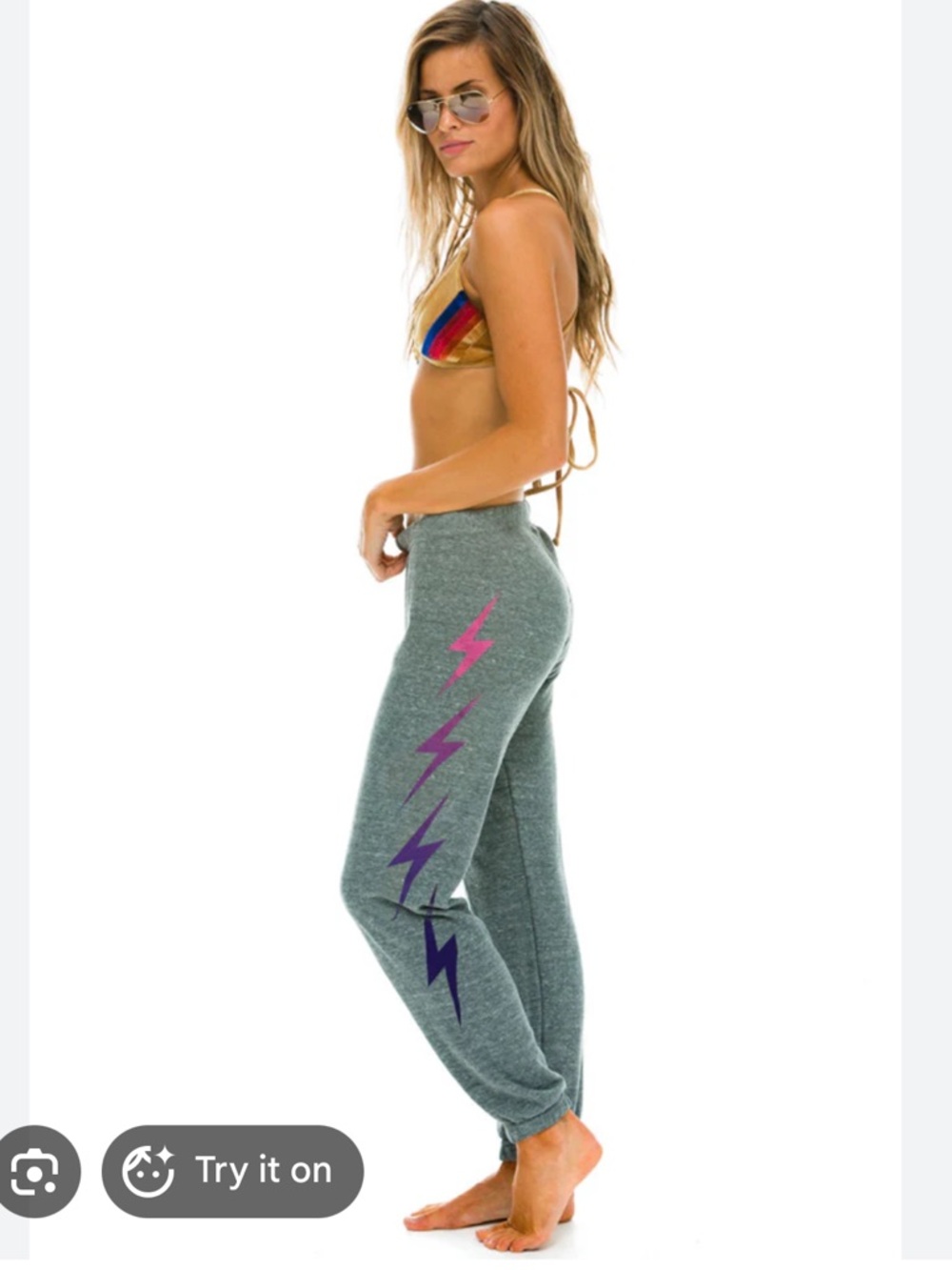 Aviator Nation Heather Grey Sweatpants with Pink-Purple Bolt